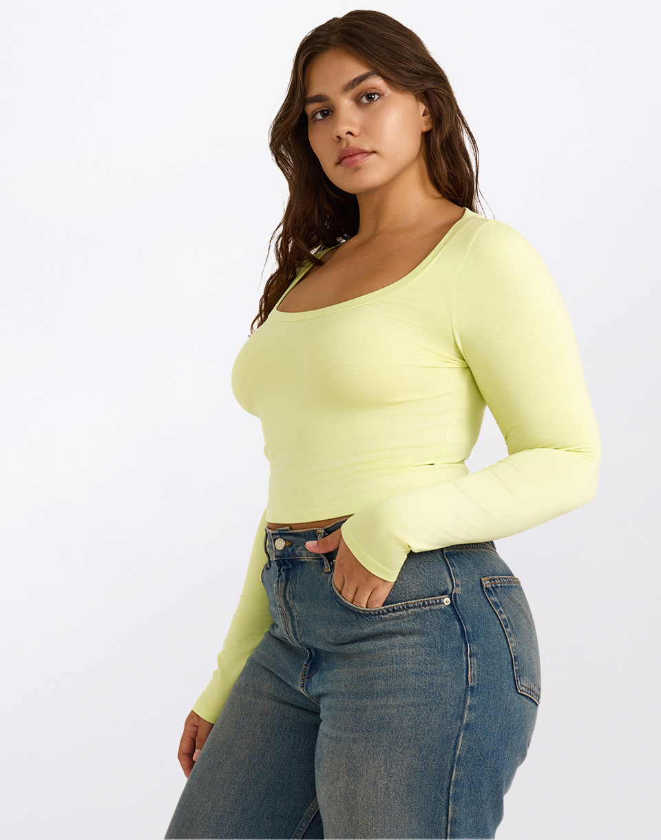 Organic Basics Everyday Scoop Neck Long Sleeve Tee Elderflower Green M
