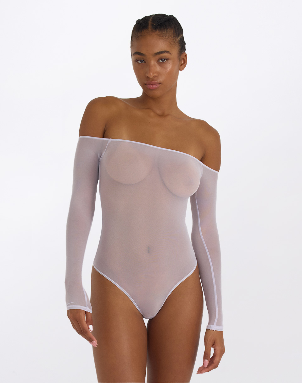 Tričko Organic Basics Mesh Off-Shoulder Bodysuit Soft Lilac
