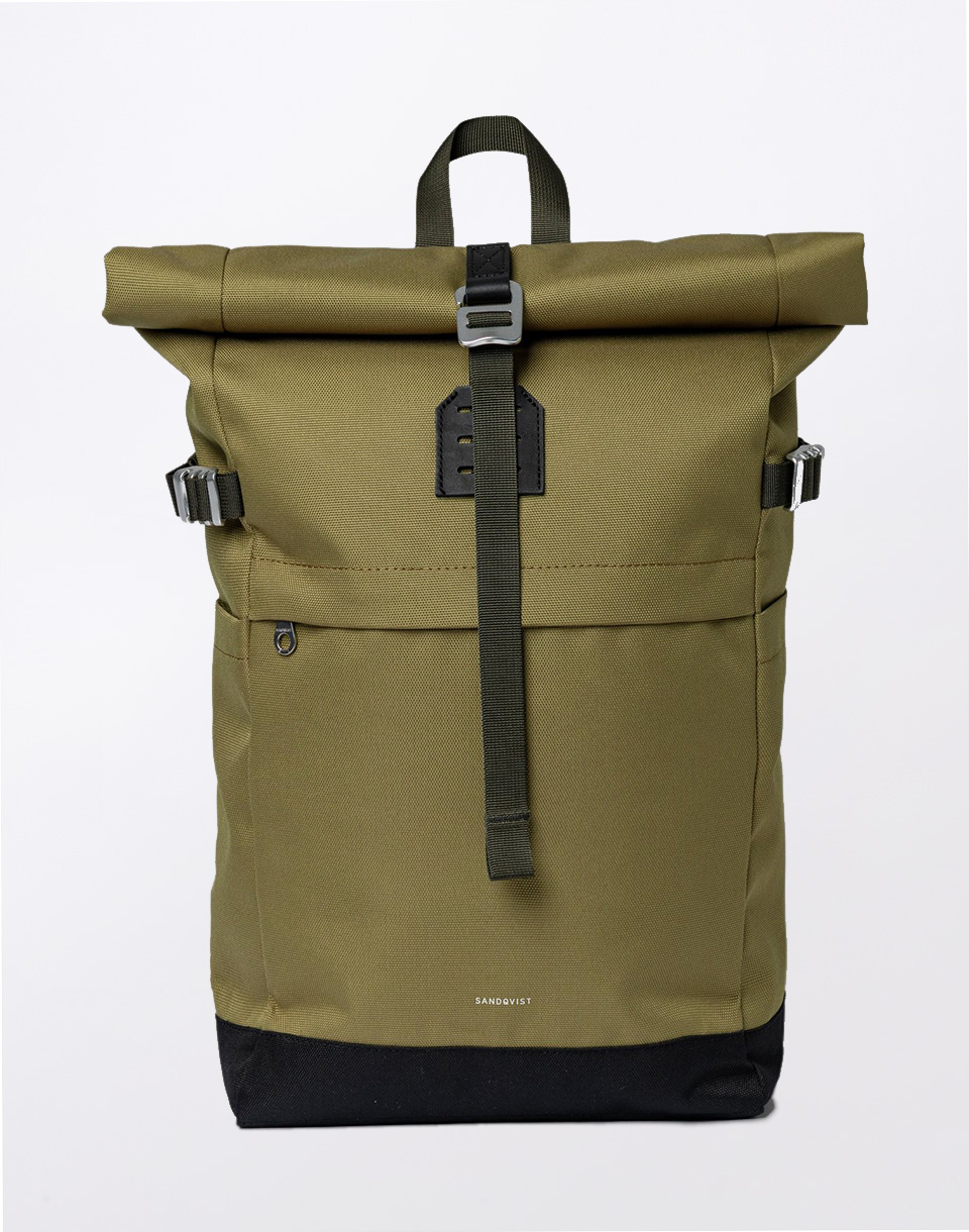 Batoh Sandqvist Icon Rolltop Backpack M Olive drab with black leather