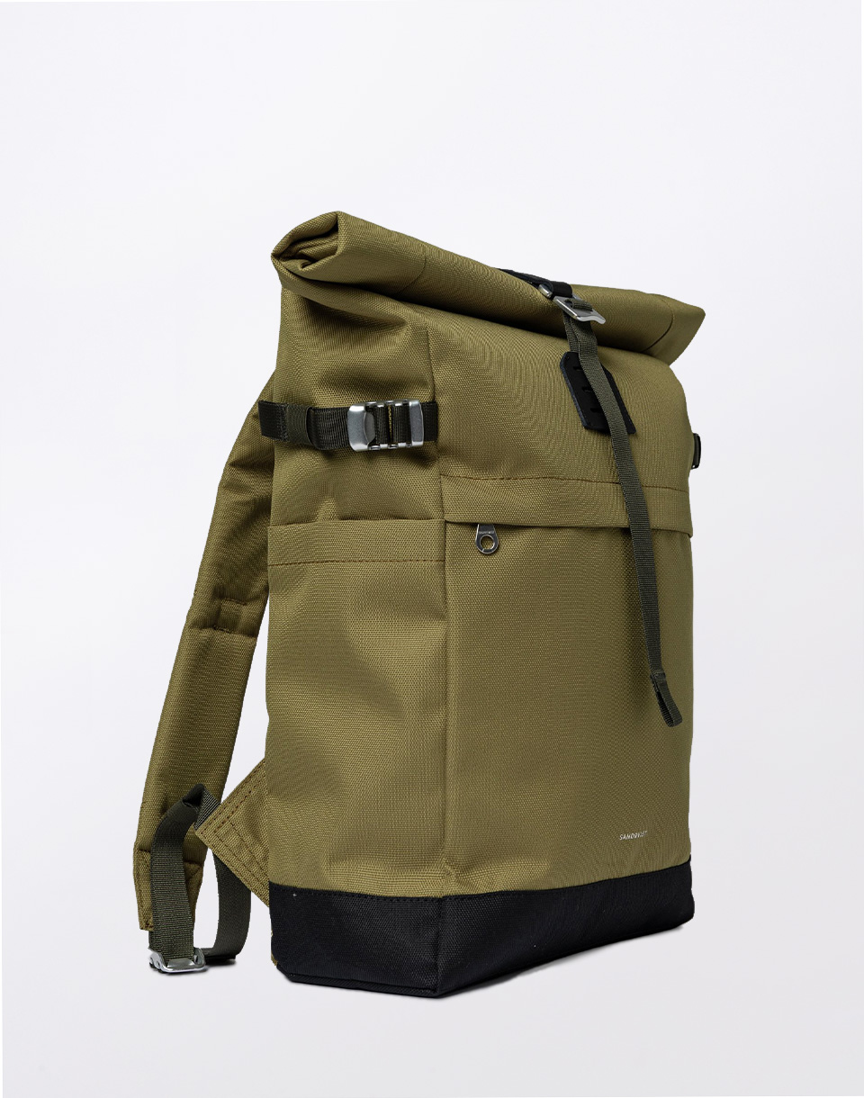 Sandqvist Icon Rolltop Backpack M Olive drab with black leather