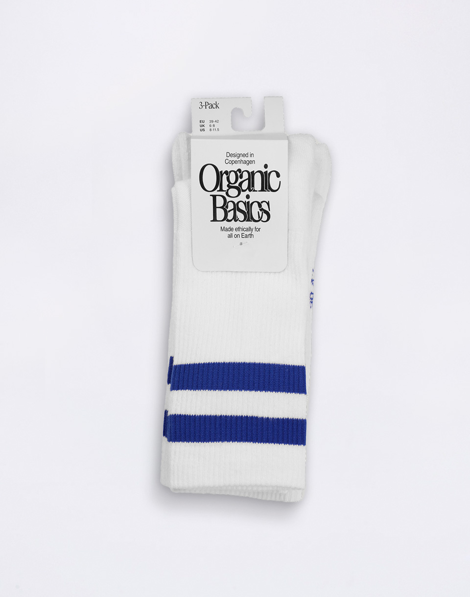 Organic Basics Core Stripe Crew Socks 3-pack White / Vibrant Blue 39-42