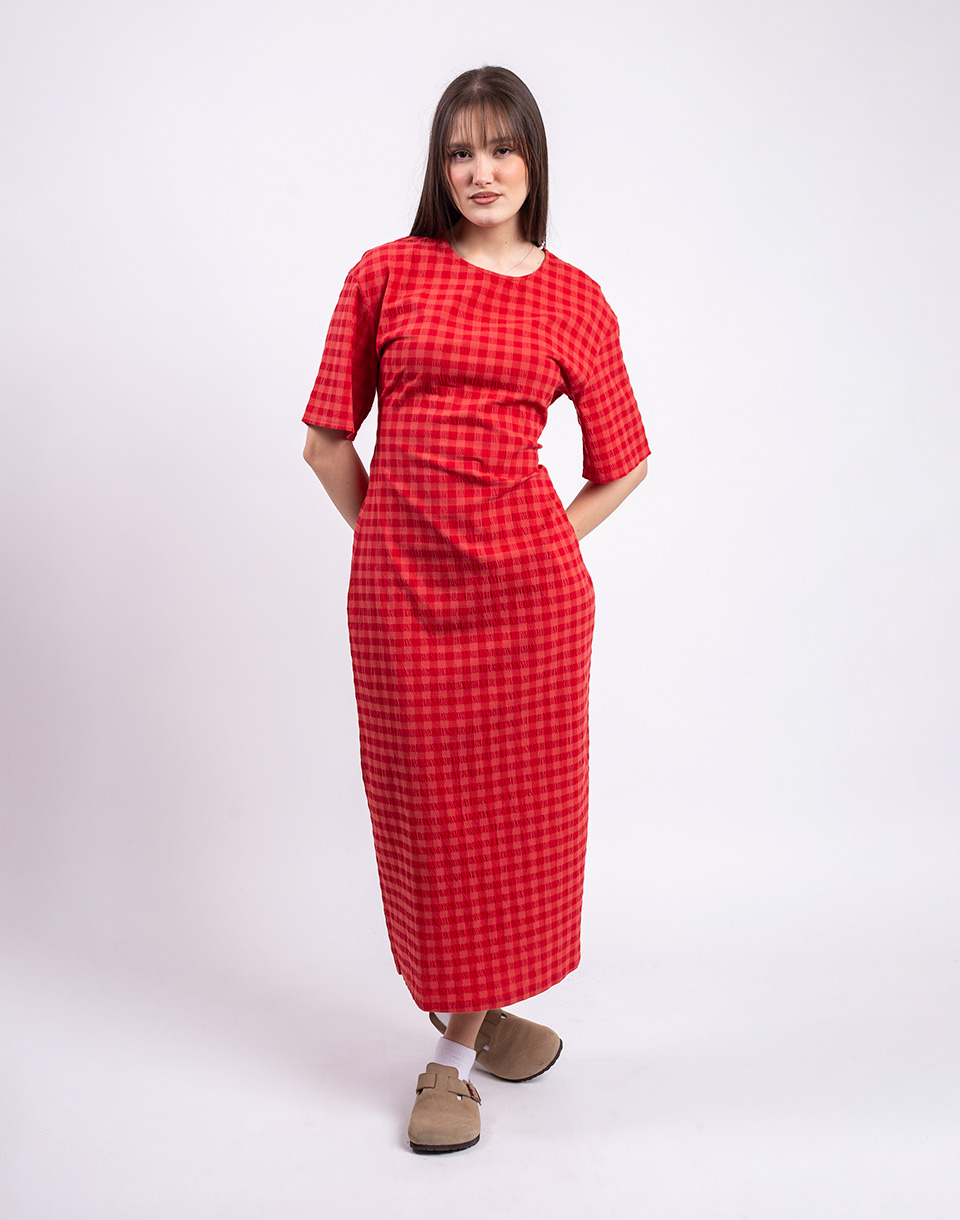 Thinking MU Red Checks Seersucker Kina Dress RED M