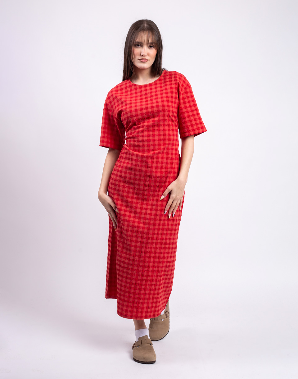 Thinking MU Red Checks Seersucker Kina Dress RED M