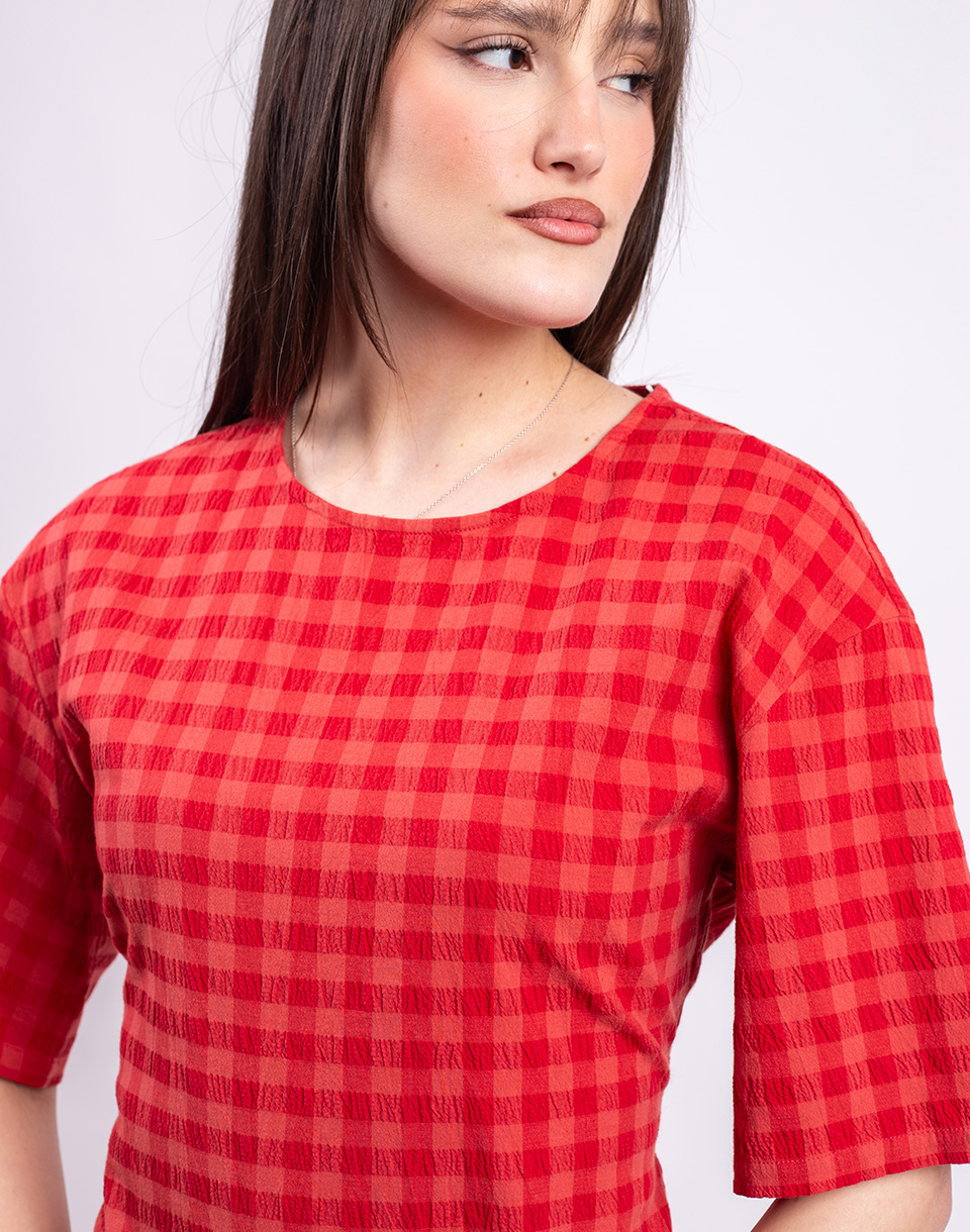 Thinking MU Red Checks Seersucker Kina Dress RED M