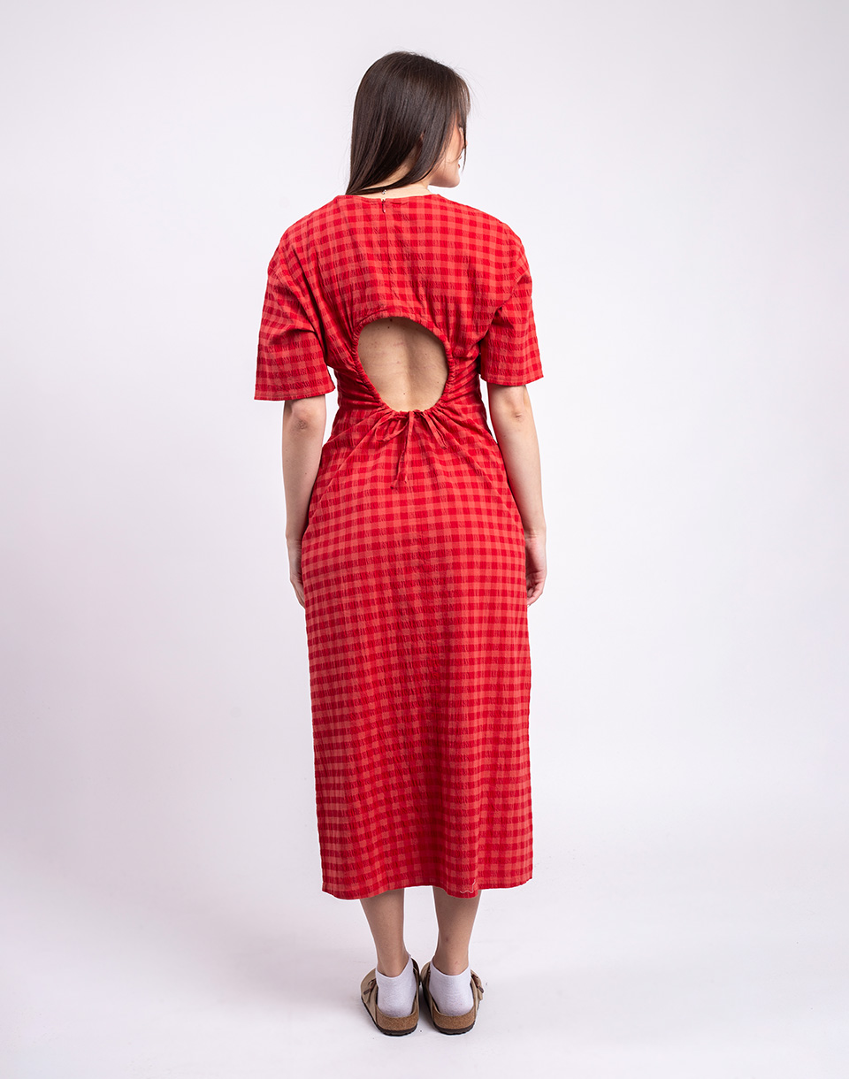 Thinking MU Red Checks Seersucker Kina Dress RED M