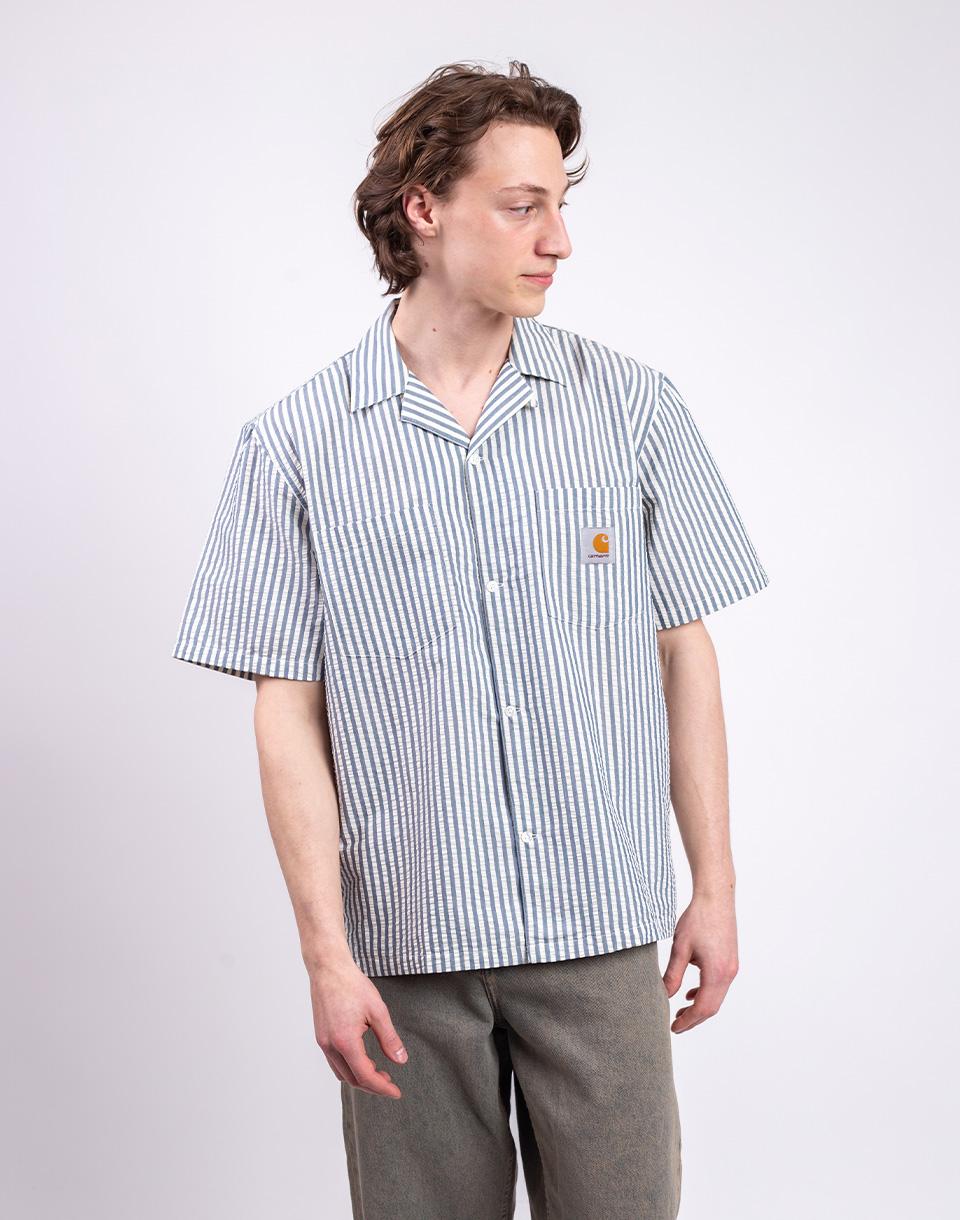 Carhartt WIP S/S Leavel Shirt Leavel Stripe, Blue River XL