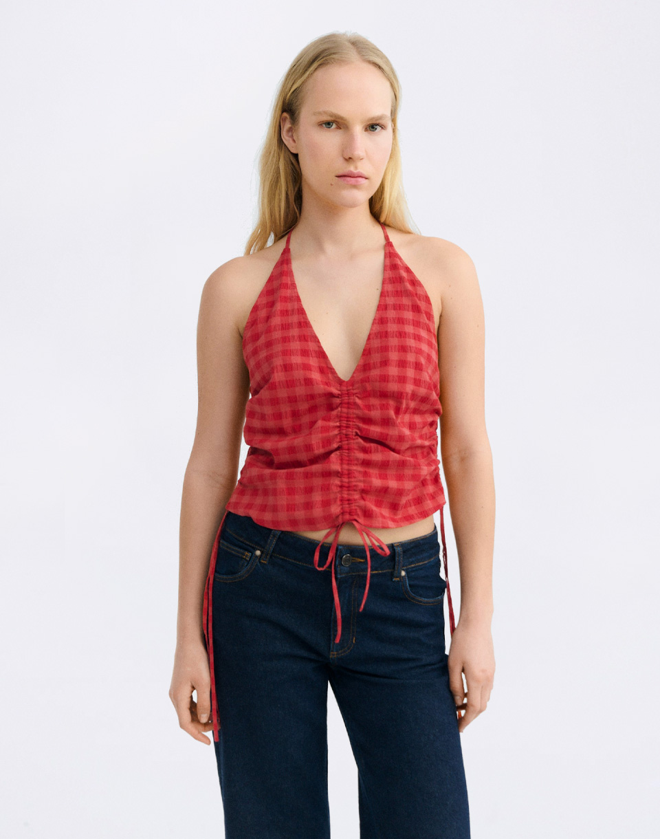 Thinking MU Red Hiba Seersucker Top RED S