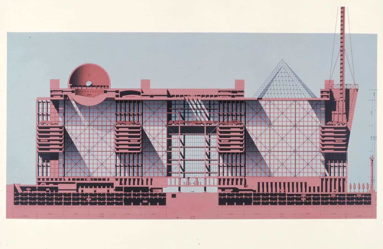 磯崎新《東京都新都庁舎計画、南北断面図》1986年 磯崎新アトリエ蔵 Arata Isozaki & Associates