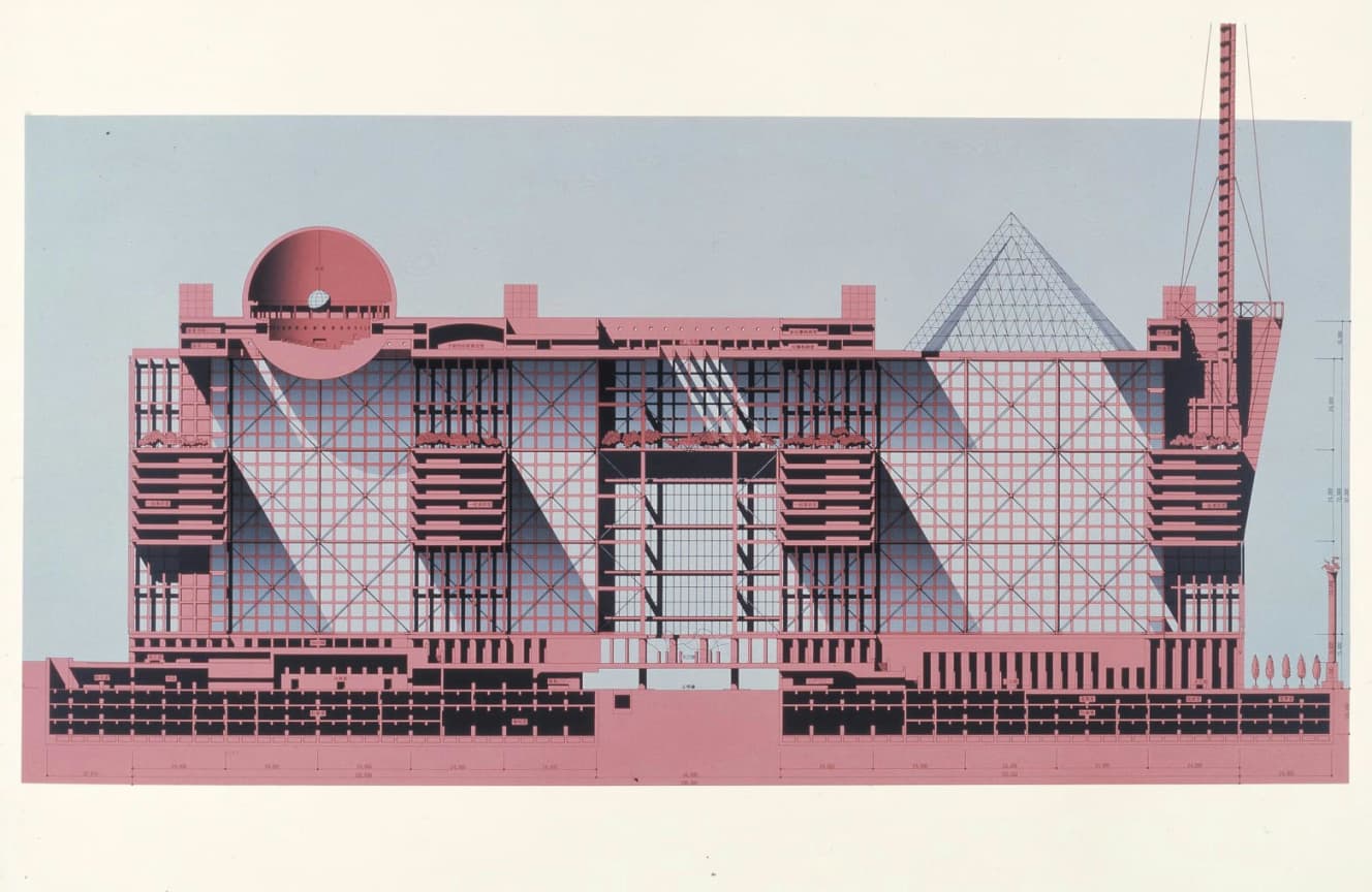 磯崎新《東京都新都庁舎計画、南北断面図》1986年　磯崎新アトリエ蔵　Arata Isozaki & Associates