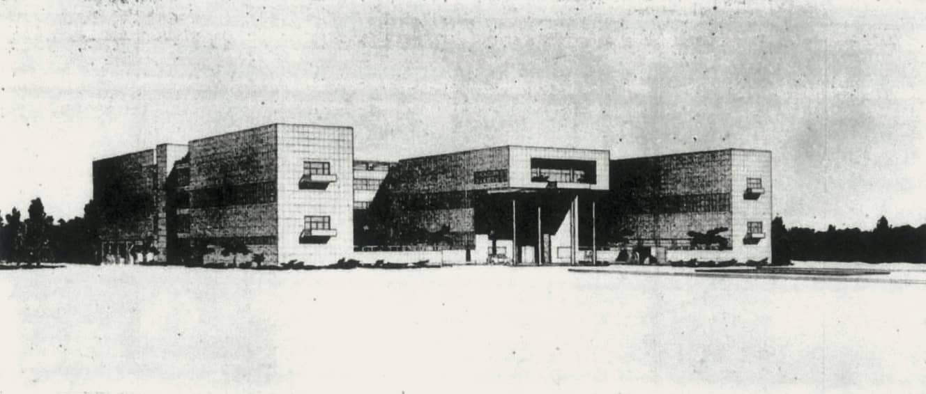 「東京帝室博物館懸賞設計応募案 前川國男氏案 透視図」『国際建築』第7巻第6号コンペチシヨン号(国際建築協会、1931年6月、p.4)※本会場(国立国際美術館)には不出品。前川國男の代表作は、「東京文化会館」や新宿の「紀伊國屋ビルディング」等