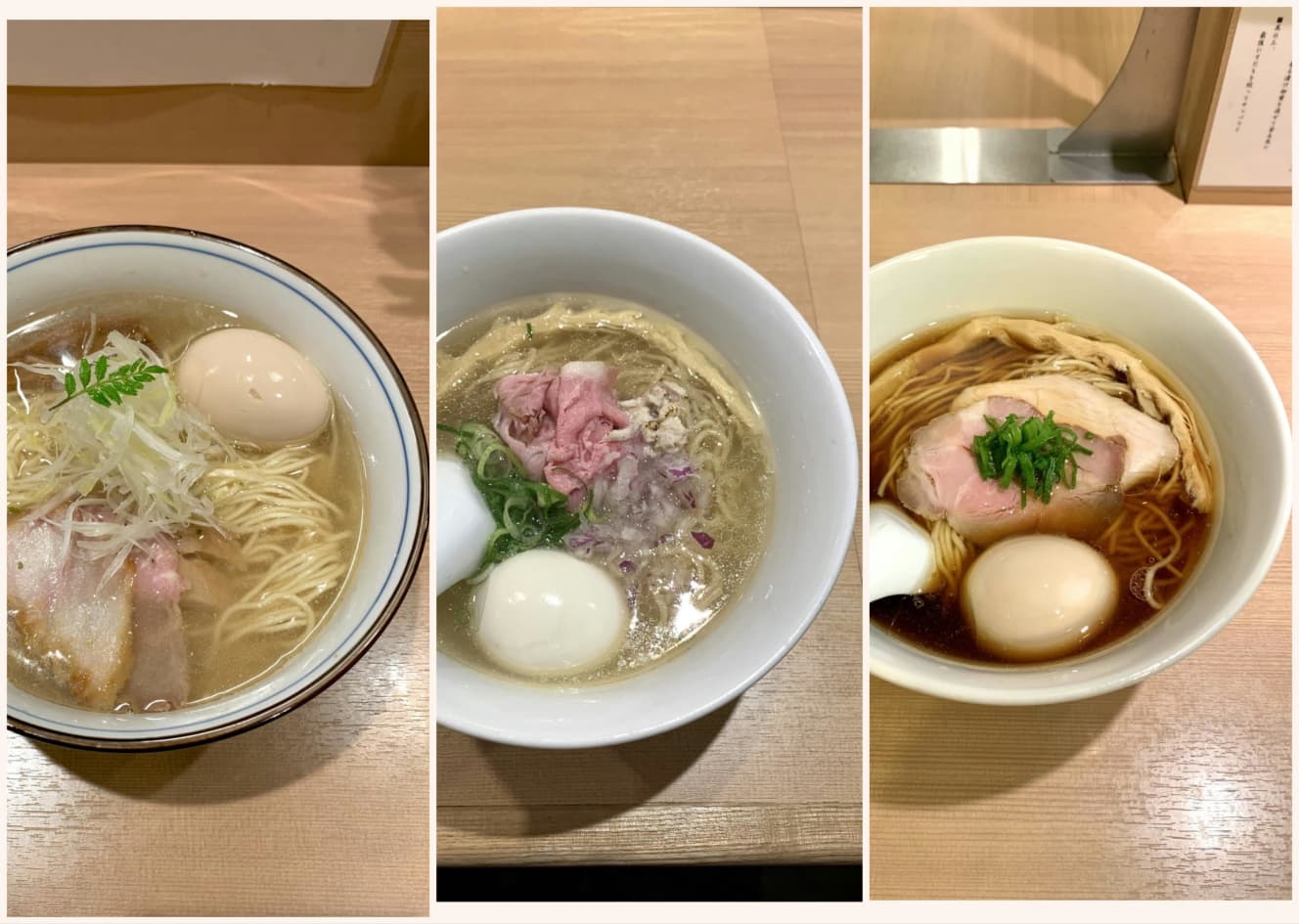 【左】らぁ麺 くろ渦「味玉のどぐろそば」（1100円）、【中】らぁ麺 鳳仙花　新宿店「味玉らぁ麺」（900円）、【右】らぁ麺 はやし田 新宿店「味玉醤油らぁ麺」（900円）