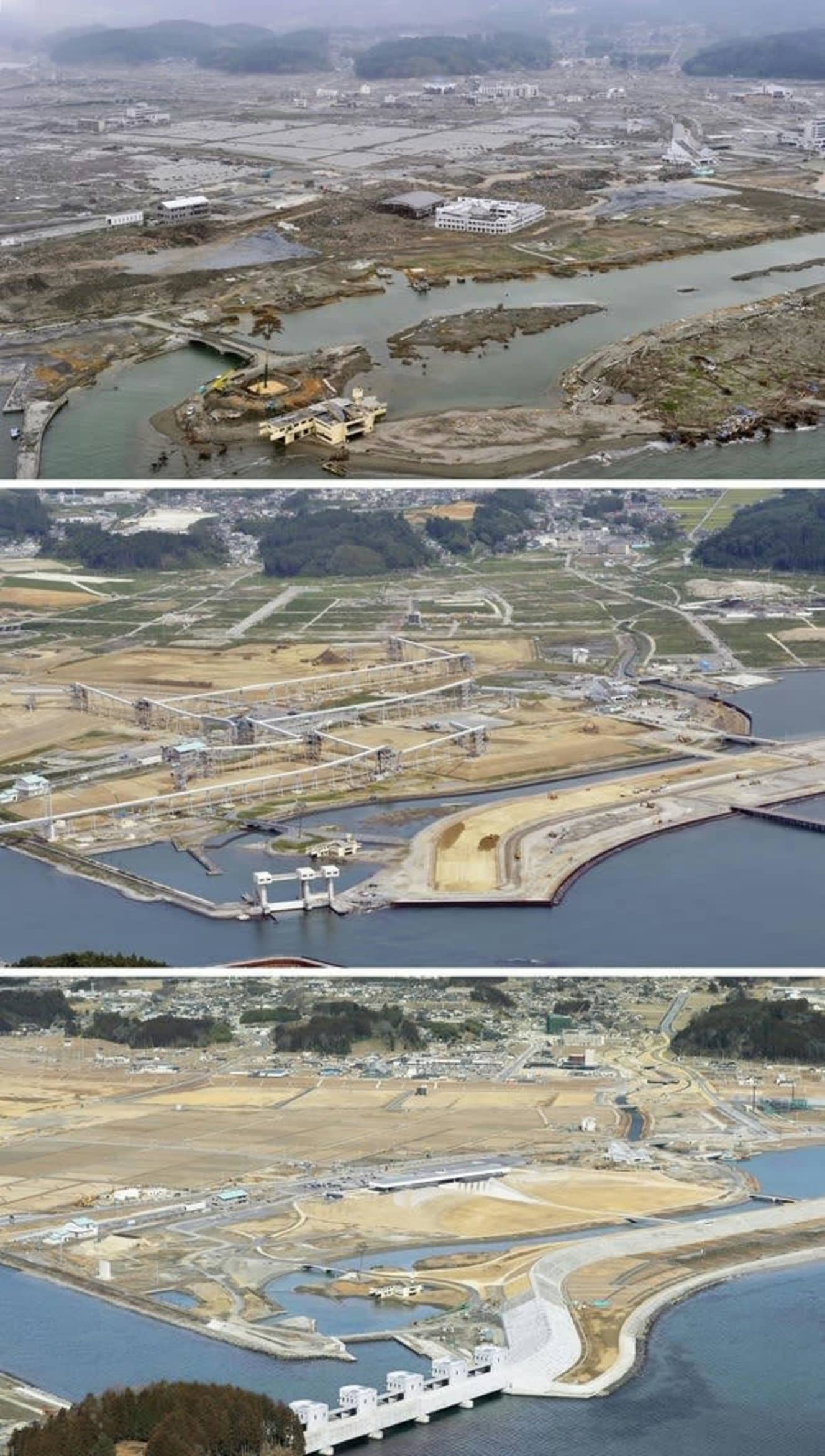 上から２０１１年６月、２０１４年９月、今年２月１２日の岩手県陸前高田市。巨大ベルトコンベヤー（中央）を使ったかさ上げ工事が行われた。「奇跡の一本松」や伝承施設がある復興祈念公園では震災遺構などの整備が進んでいる（共同通信社ヘリから）