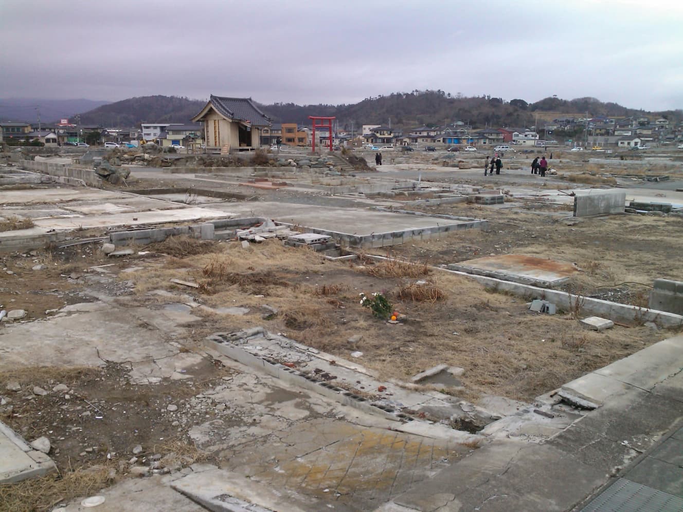 2012年３月11日。いわき市沿岸部の久ノ浜地区。一帯は津波に襲われたが、鳥居は残った