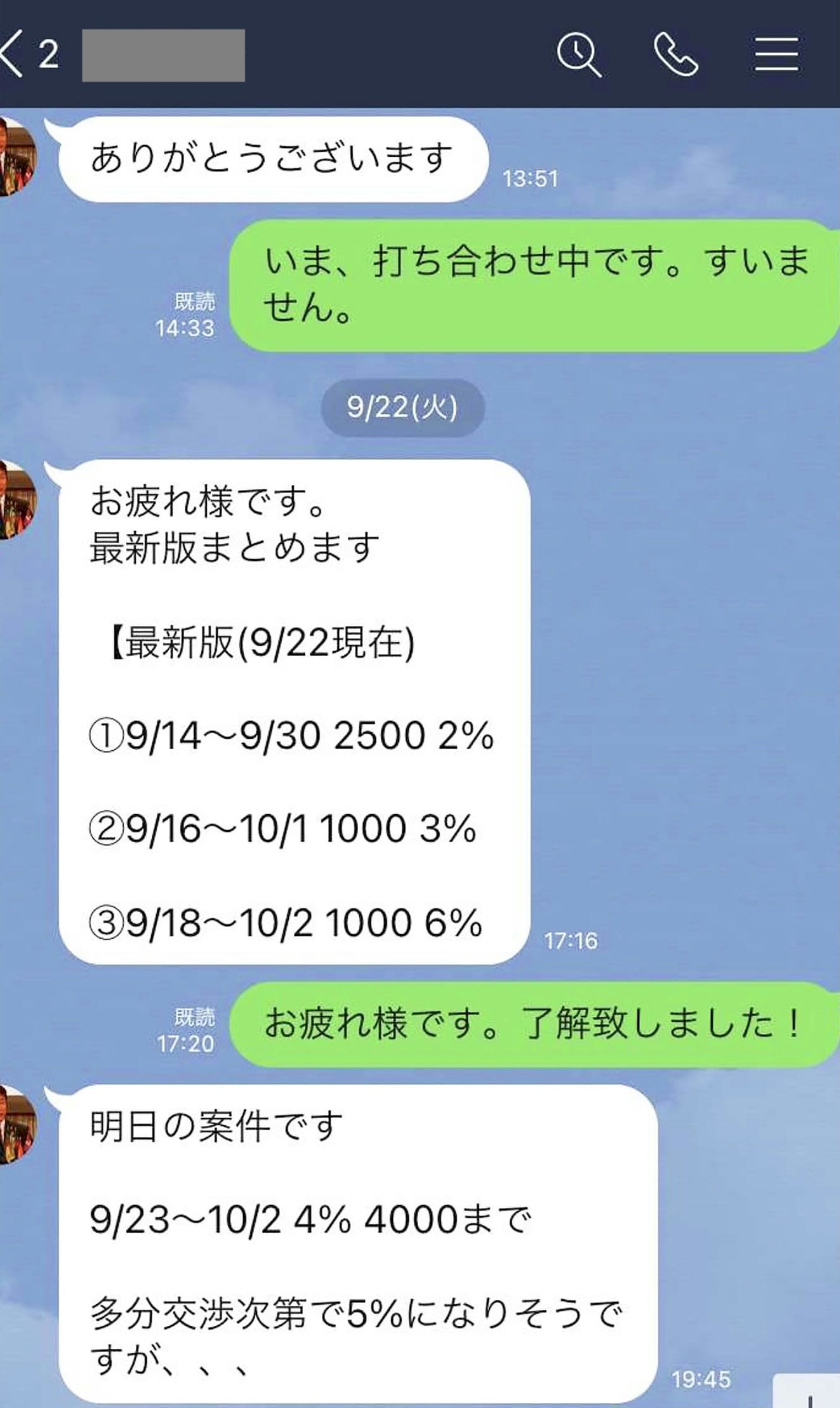 被害者とＩとのやりとり。新規勧誘のほか、何％で何円投資しているかのリストも日報として送られていた