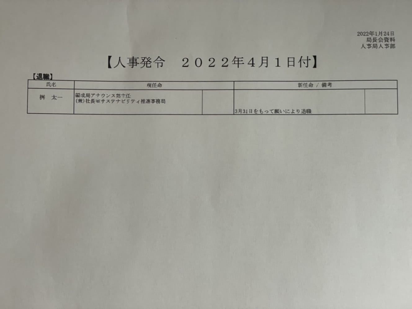 桝アナへの辞令
