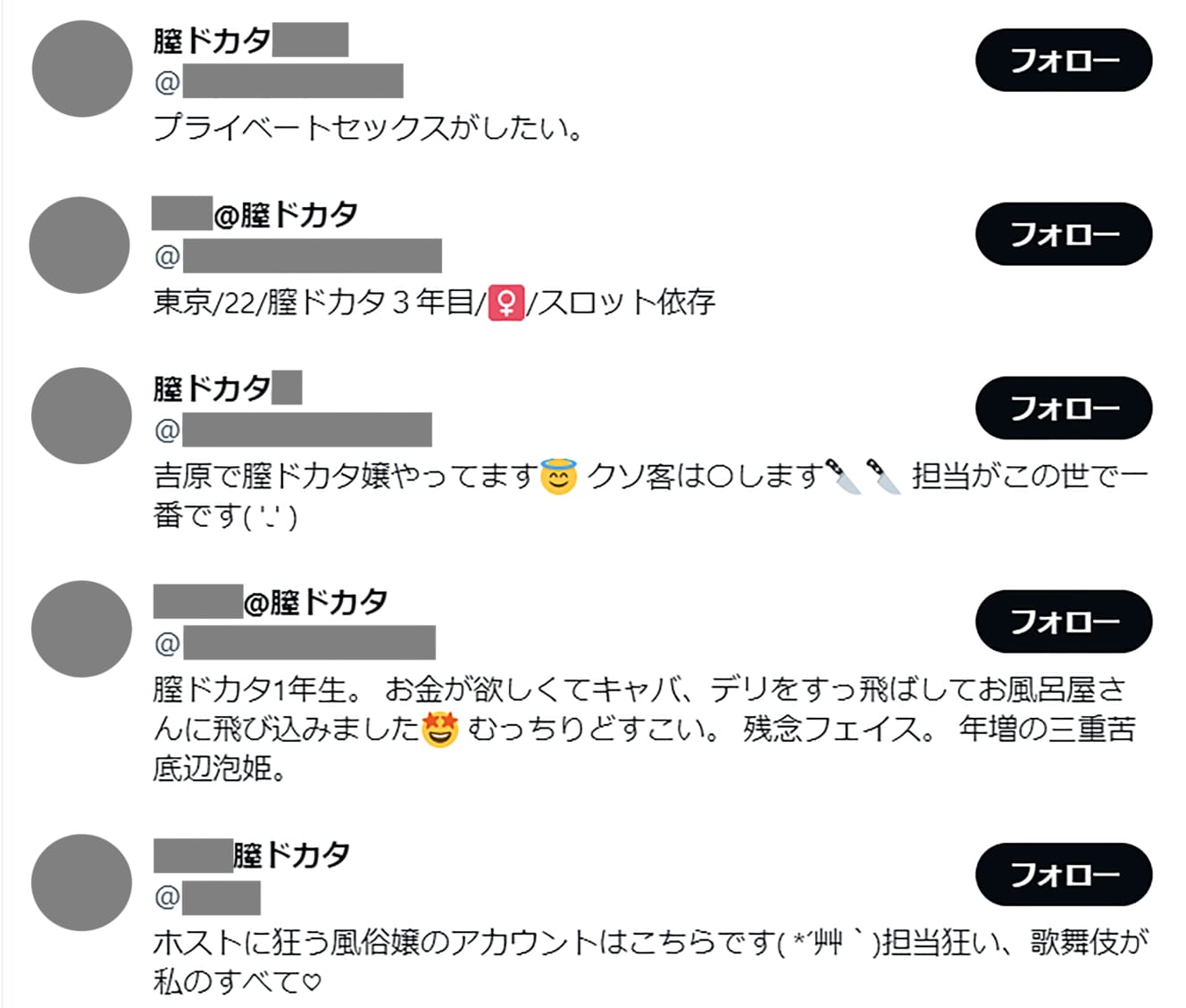 ツイッターで「膣ドカタ」と検索すると、自虐的な内容や稼いだ額の報告などさまざまな投稿が見られる