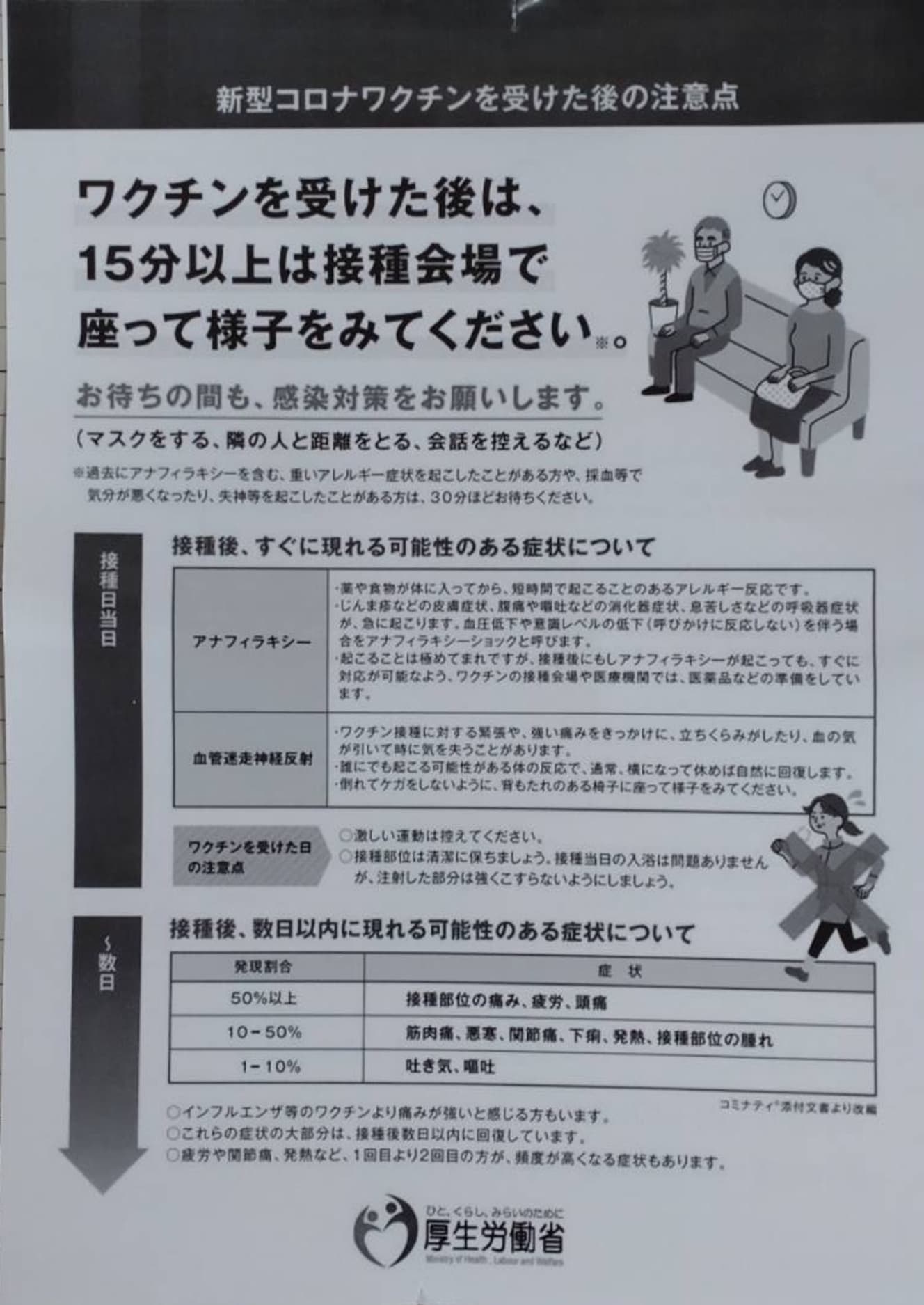 接種後15分ほどは安静にしていないといけない