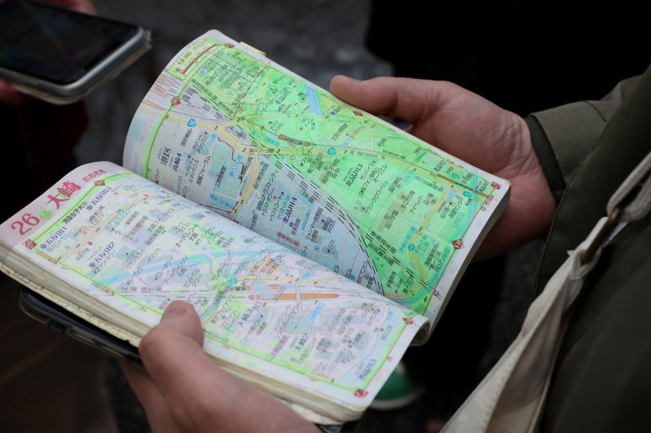 大崎の山手線内側エリアが塗られていないように見えるが、これは別の地図帳ですでに塗りつぶしたものを移しているので、塗りは省略されているのだ