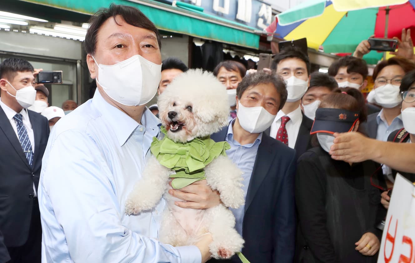 選挙活動中に訪れた市場で、思わず店主のペットを抱き上げる。動物保護にも積極的で、自身のペットも4匹は保健所から引き取ったものだという