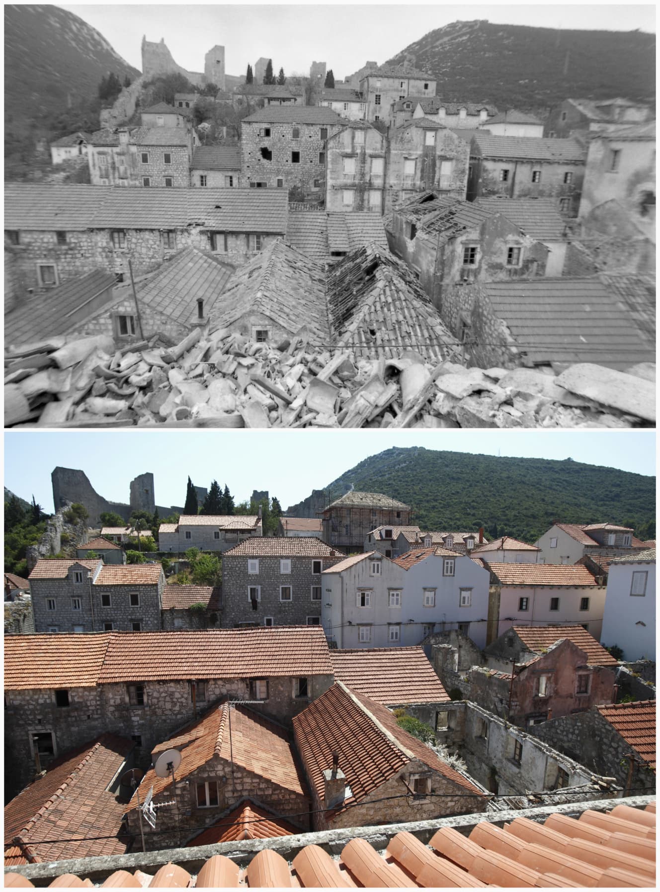 上は1991年のドブロブニクの旧市街。下は同じエリアを2012年に撮影したもの。古文書や写真を残しておいたため、元通りに再建することが可能だった(写真:アフロ)