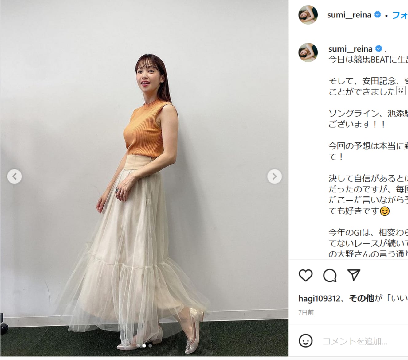 清楚であり、かつ大胆な色使いだ!(本人のインスタグラム@sumi_reinaより)