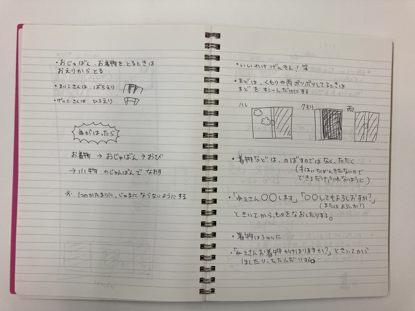 「見習いさん」時代のノート。着物の手入れ、家事の手順、お茶屋さんの地図などが、幼い文字で書かれている。花街の「文化」を覚えようと必死だったのだ