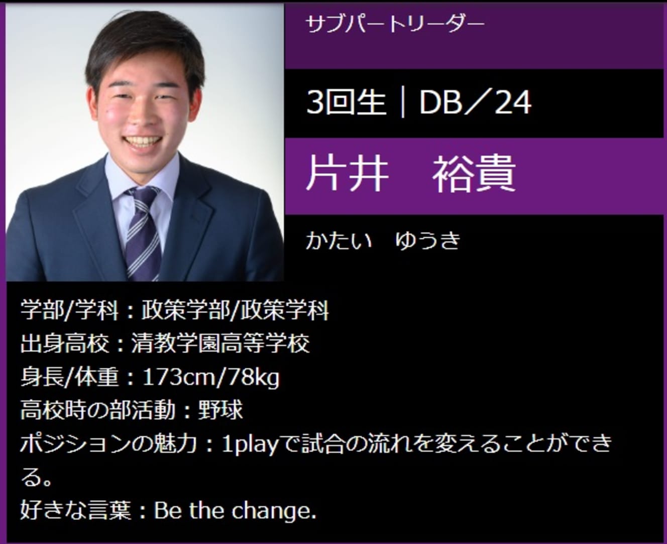 逮捕された片井容疑者（同志社大アメフト部のホームページより）