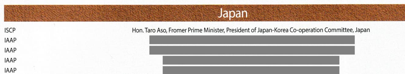 上のパンフレットの中に、このような記載が。麻生氏は同じパンフの中で「国際平和言論人協会」の欄にも名前がある