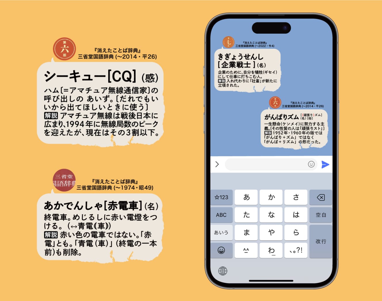 2月に発売され話題になった『新明解国語辞典』『三省堂国語辞典』のLINEスタンプに続いて、今回の『三省堂国語辞典から 消えたことば辞典』版もリリースされた