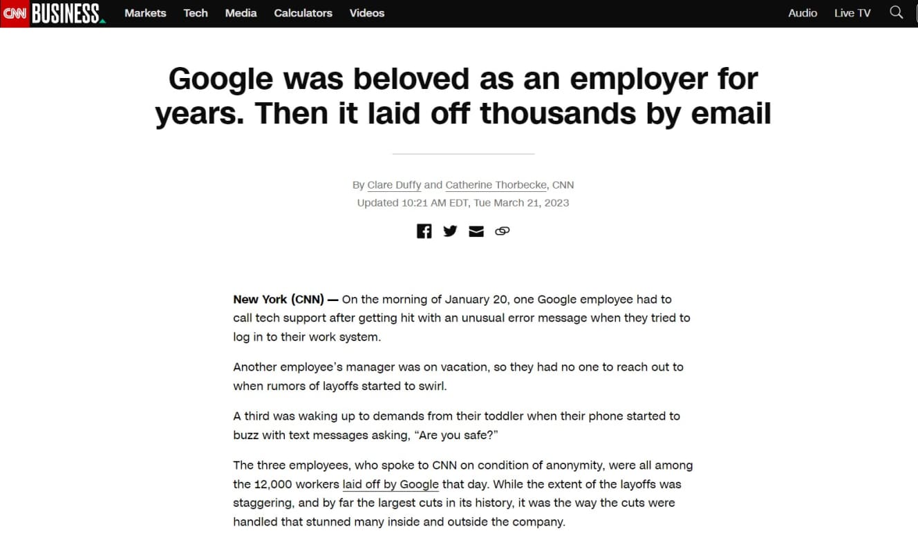 グーグル本社がeメールで多くの社員に解雇通知したことを報じた３月21日付のCNN