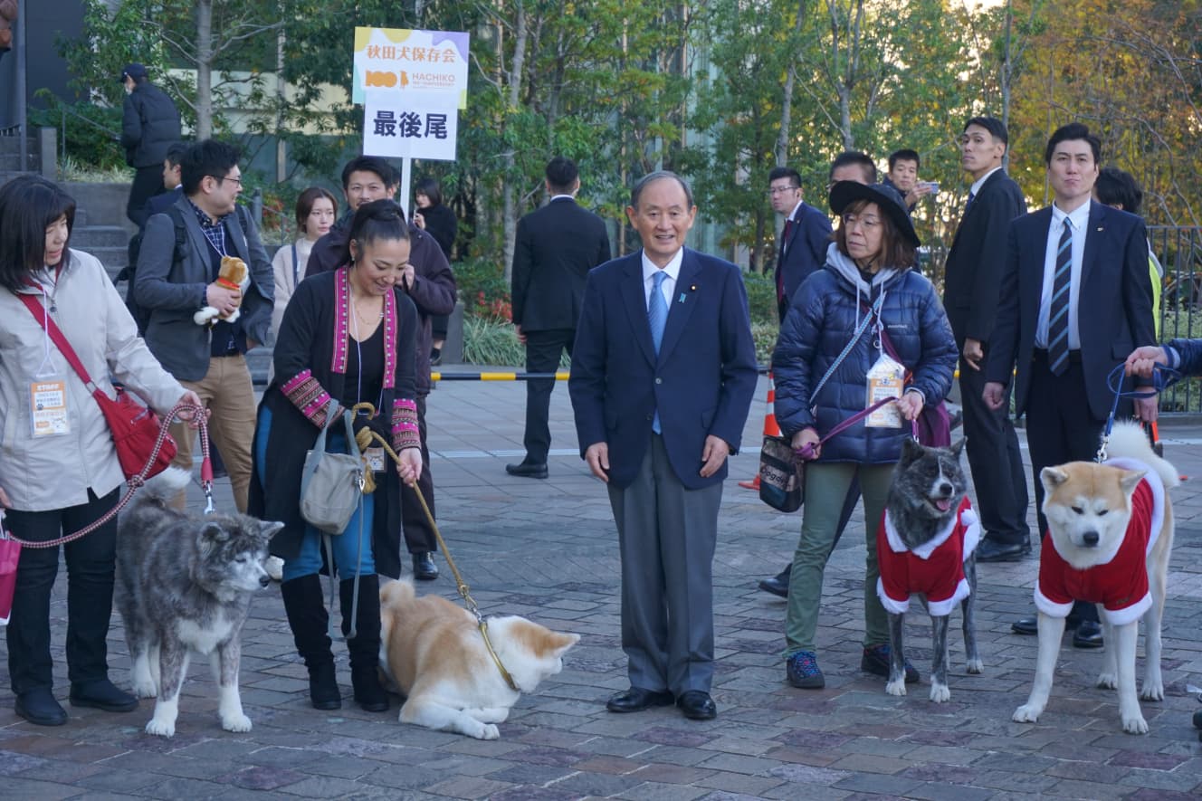 秋田犬を前にホクホク顔の菅前総理