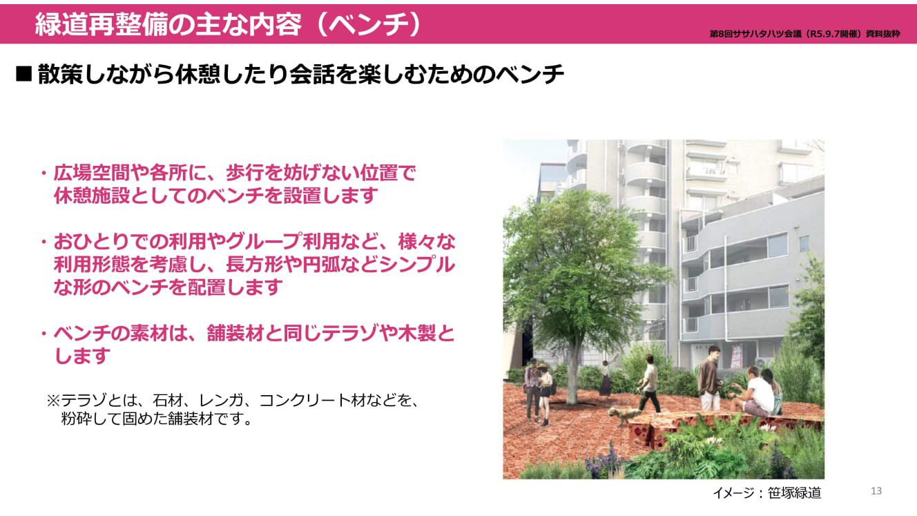 「玉川上水旧水路緑道再整備の概要」に掲載されている１台400万円のベンチ！（渋谷区ホームページ内「玉川上水旧水路緑道再整備の概要」より）