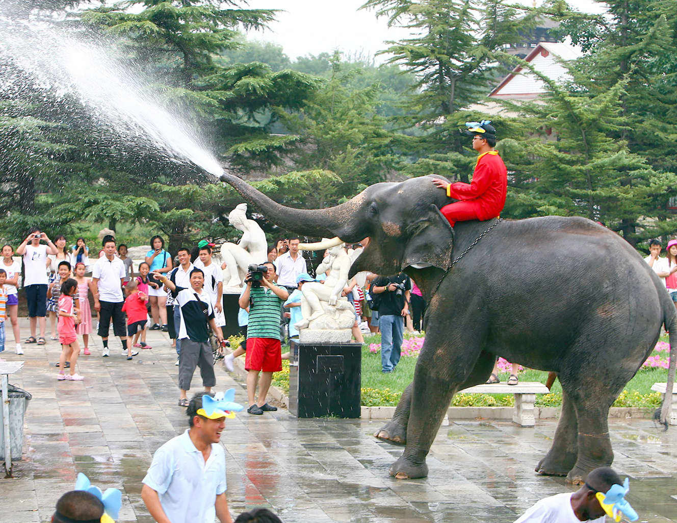 【ゾウが豪快に水を噴射！】首都・北京の大きな公園ではゾウが鼻から放水。暑さにグッタリした人々が、水を浴びようと集まっていた