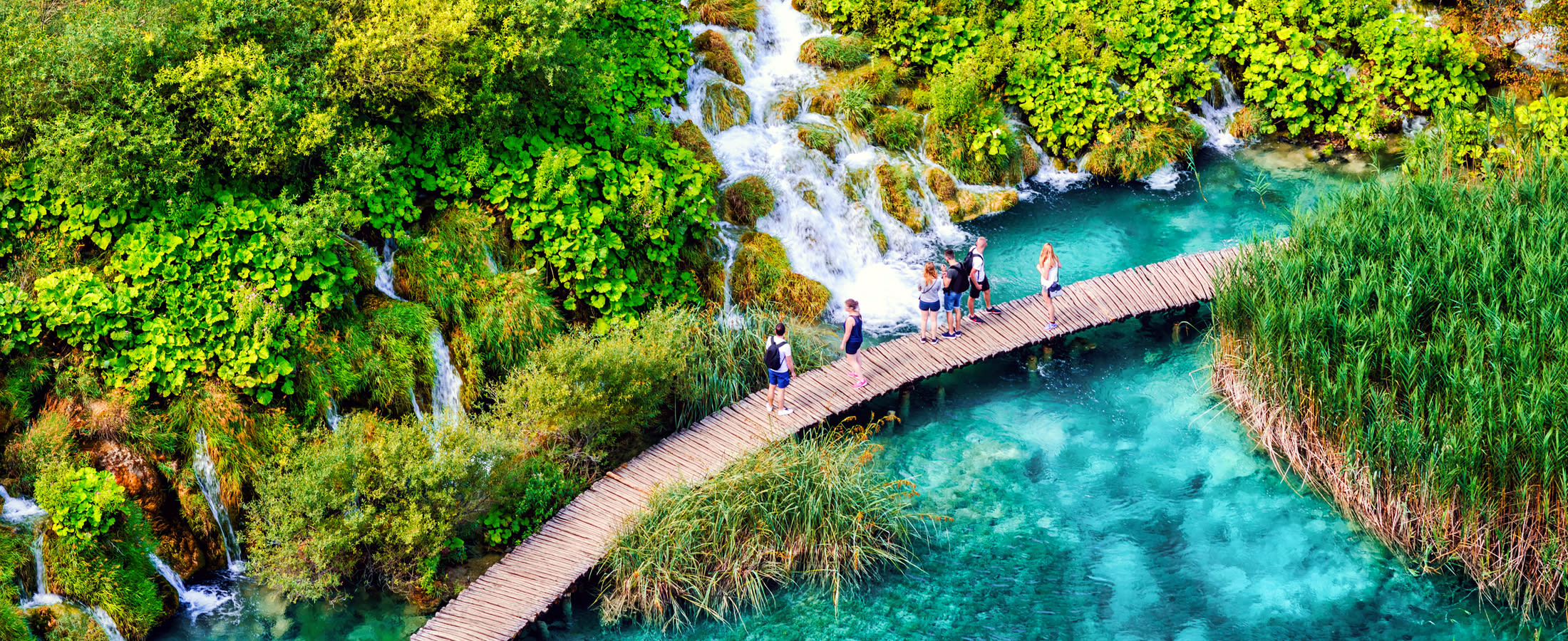 Aerial view of Plitvice Lakes boardwalk