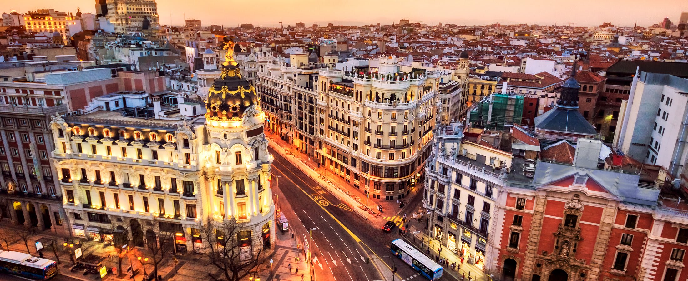 Aerial view of Gran Vía at dusk, Madrid