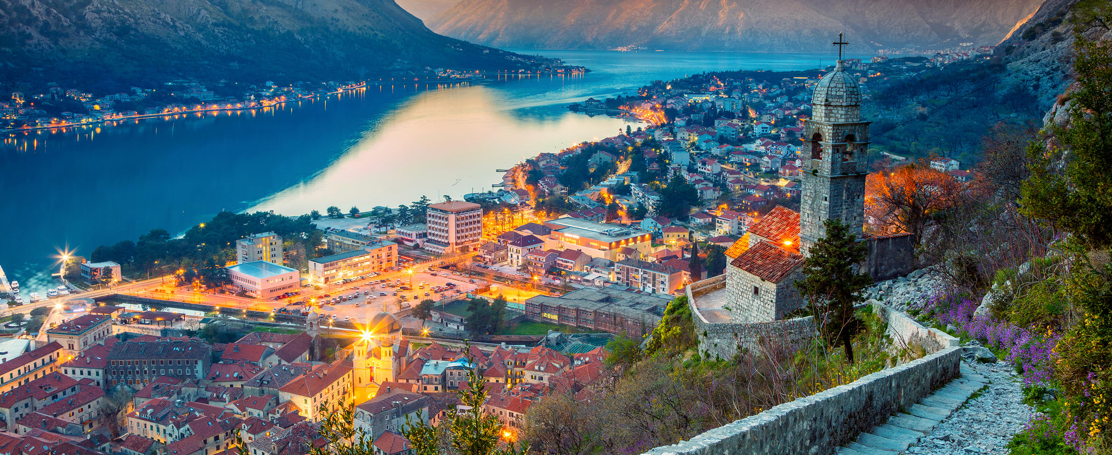 Panoramic view of Kotor at dusk, Montenegro