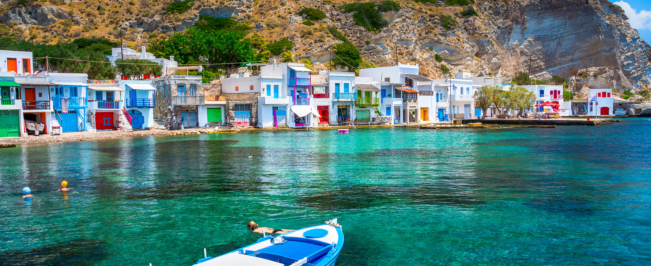 Panoramic view of colorful village, Milos Island