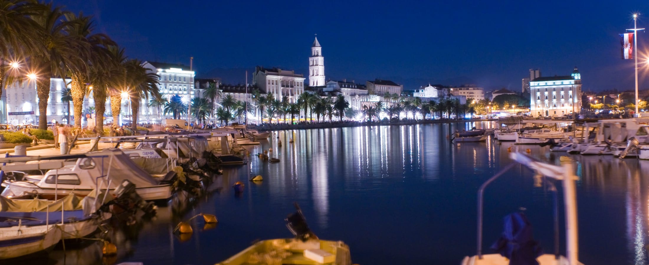 Split harbor at night