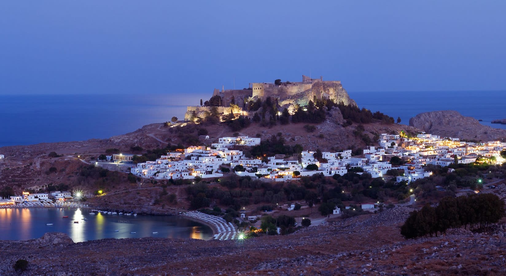 View over Lindos bay, town and the acropolis, Rhodes