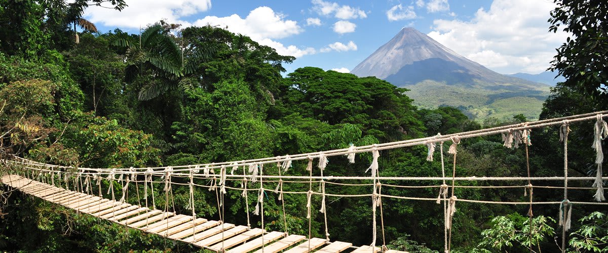 Hanging bridge and Arenal Volcano