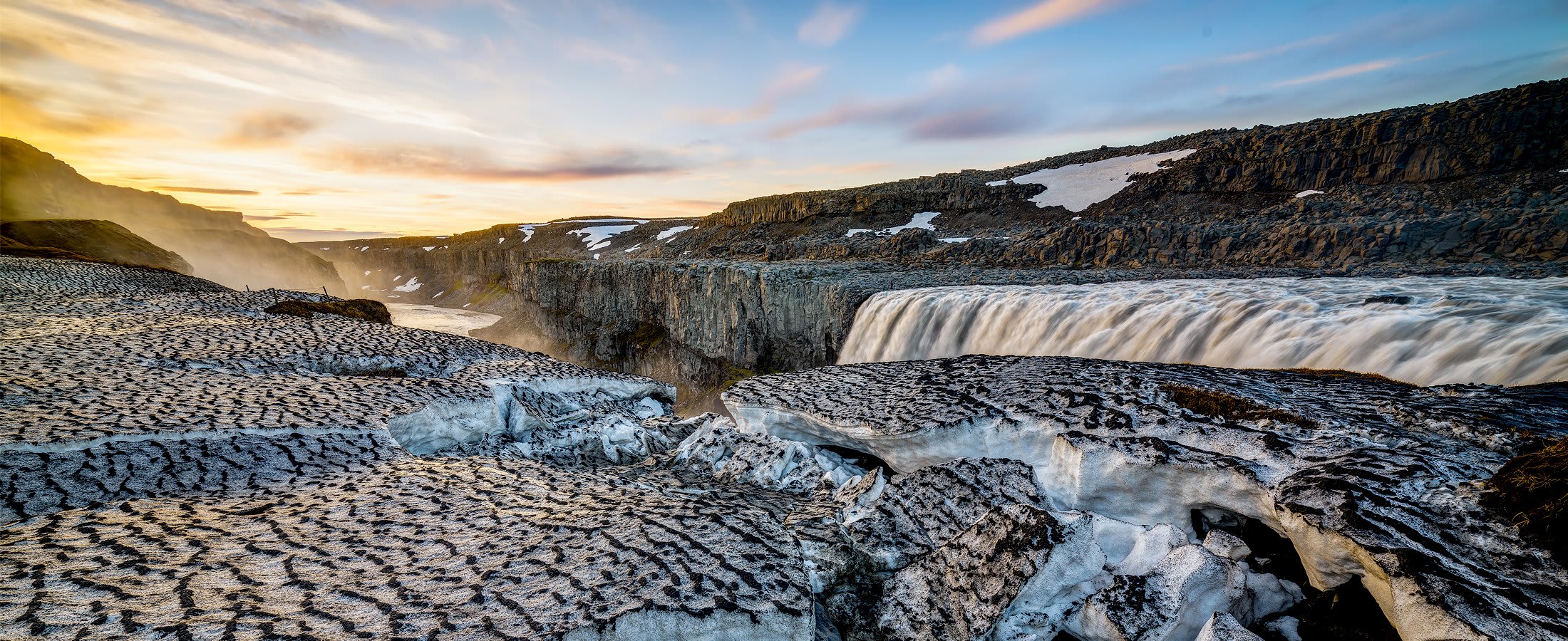 Dettifoss waterfall at sunset