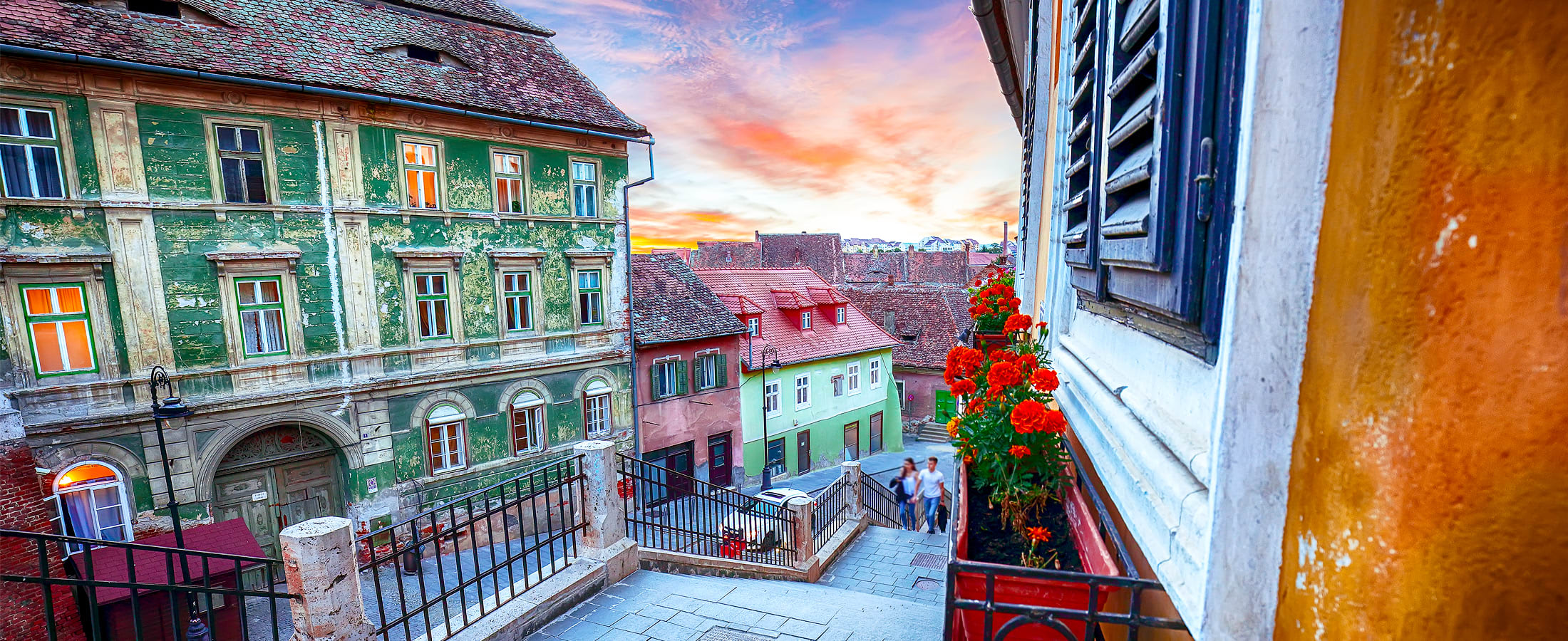 Sunset on the streets of Sibiu