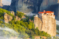 Monastery in the early morning fog, Meteora 