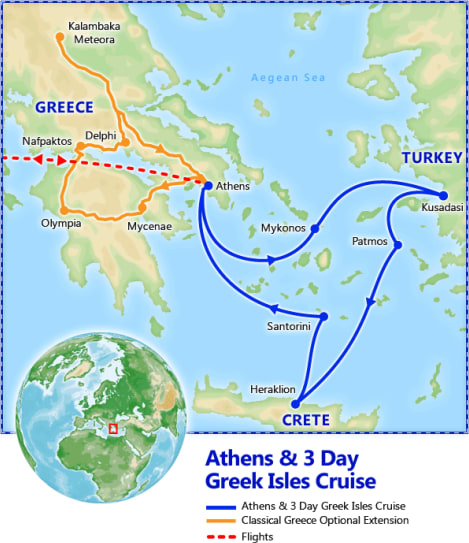 Athens & 3 Day Greek Isles Cruise map