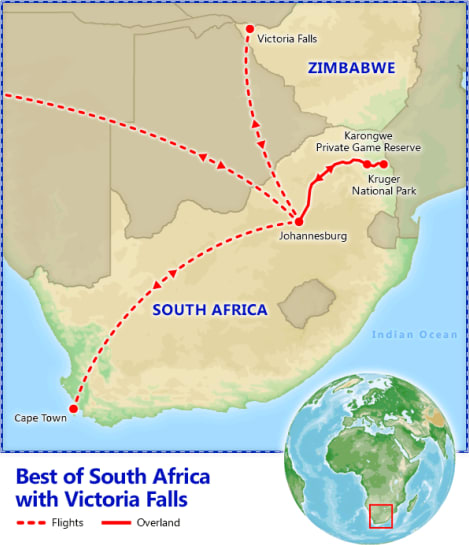 Best of South Africa with Victoria Falls map