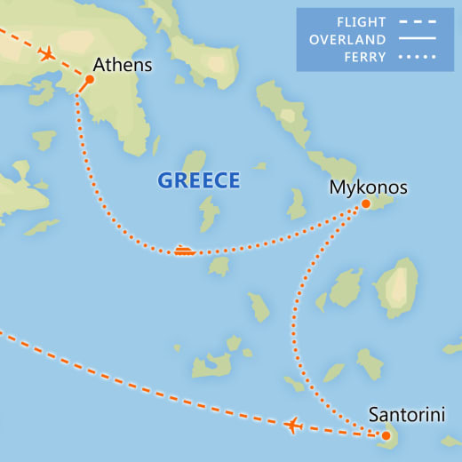 Athens, Mykonos & Santorini Adventure map