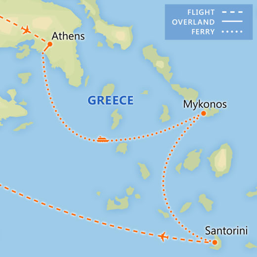 Athens, Mykonos & Santorini Adventure map