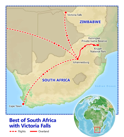 Best of South Africa with Victoria Falls map