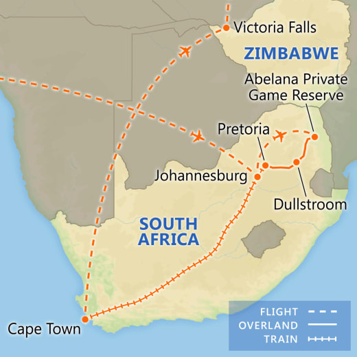 Incredible South Africa with Rovos Luxury Train and Victoria Falls map