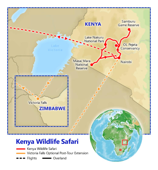 Kenya Wildlife Safari with Victoria Falls map